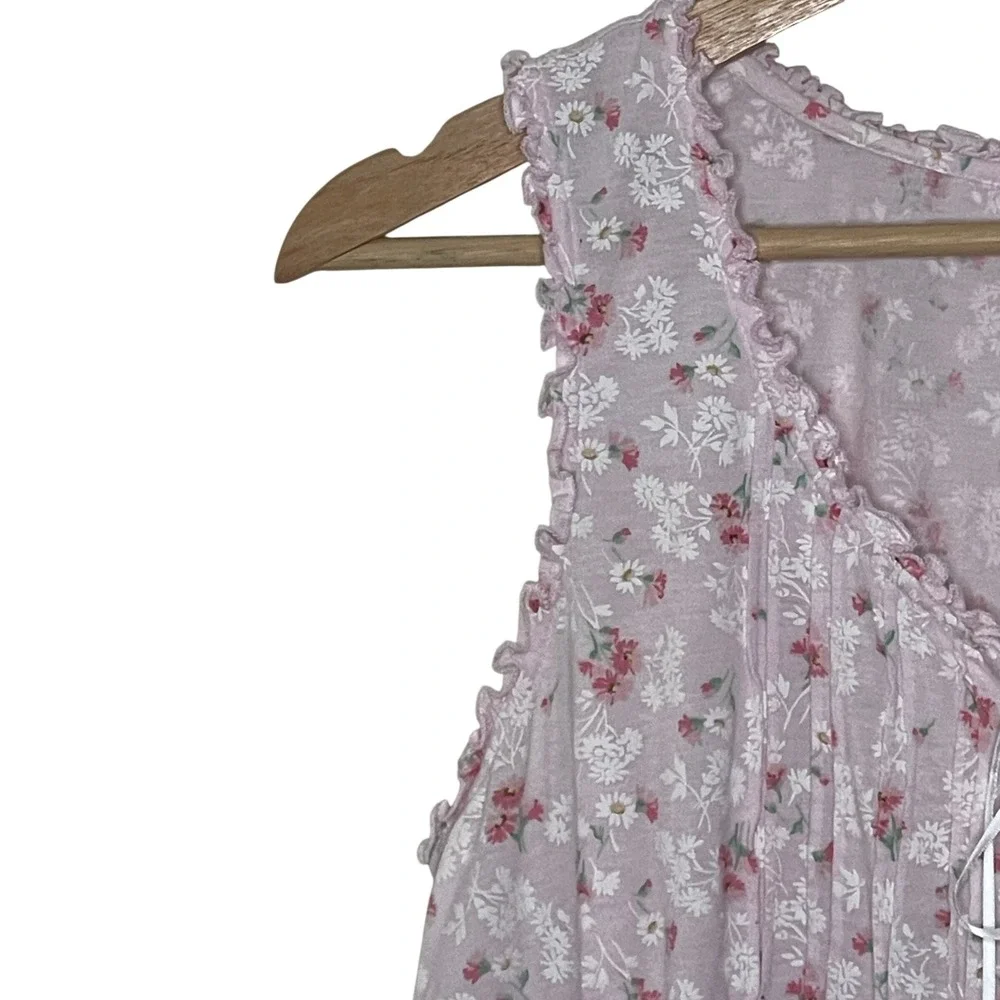 Eileen West Pink Floral Cotton Modal Sleeveless Nightgown Medium Ruffle Lace Tie
